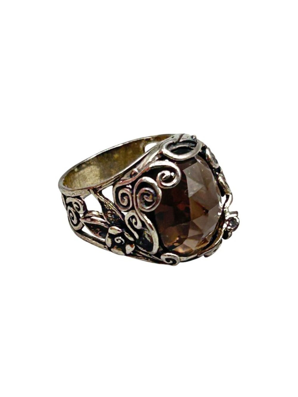 Vintage Smoky Quartz Ring Size 9 Sterling Silver Faceted Stone Swirl Band